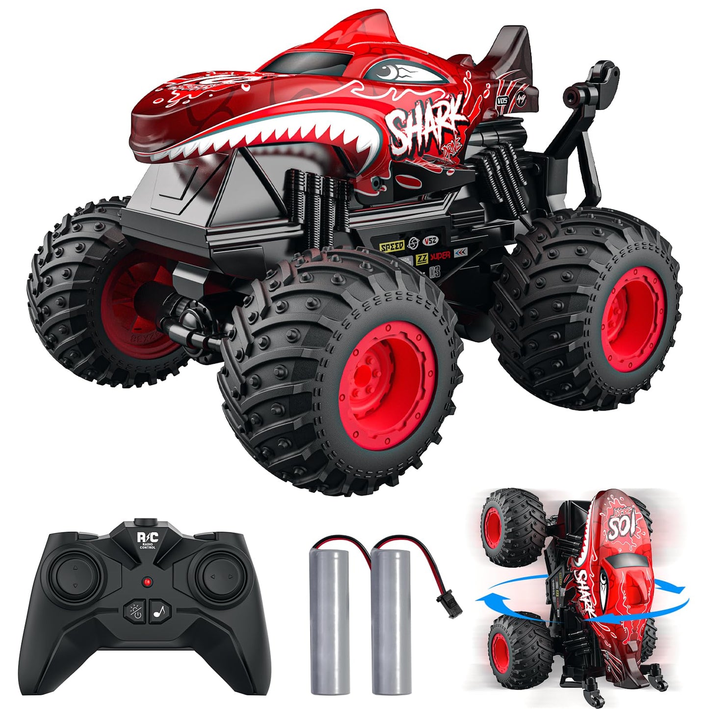 ACAMMZAR Remote Control Car, 2.4GHz 20+km/h RC Monster Truck with 2 Batteries 60 Mins+, RC Stunt Toy Car Spray Mist Music, for 6 7 8 9 10 Year Old Kids Adults, Red