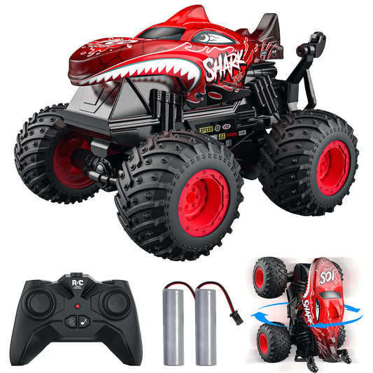 ACAMMZAR Remote Control Car, 2.4GHz 20+km/h RC Monster Truck with 2 Batteries 60 Mins+, RC Stunt Toy Car Spray Mist Music, for 6 7 8 9 10 Year Old Kids Adults, Red