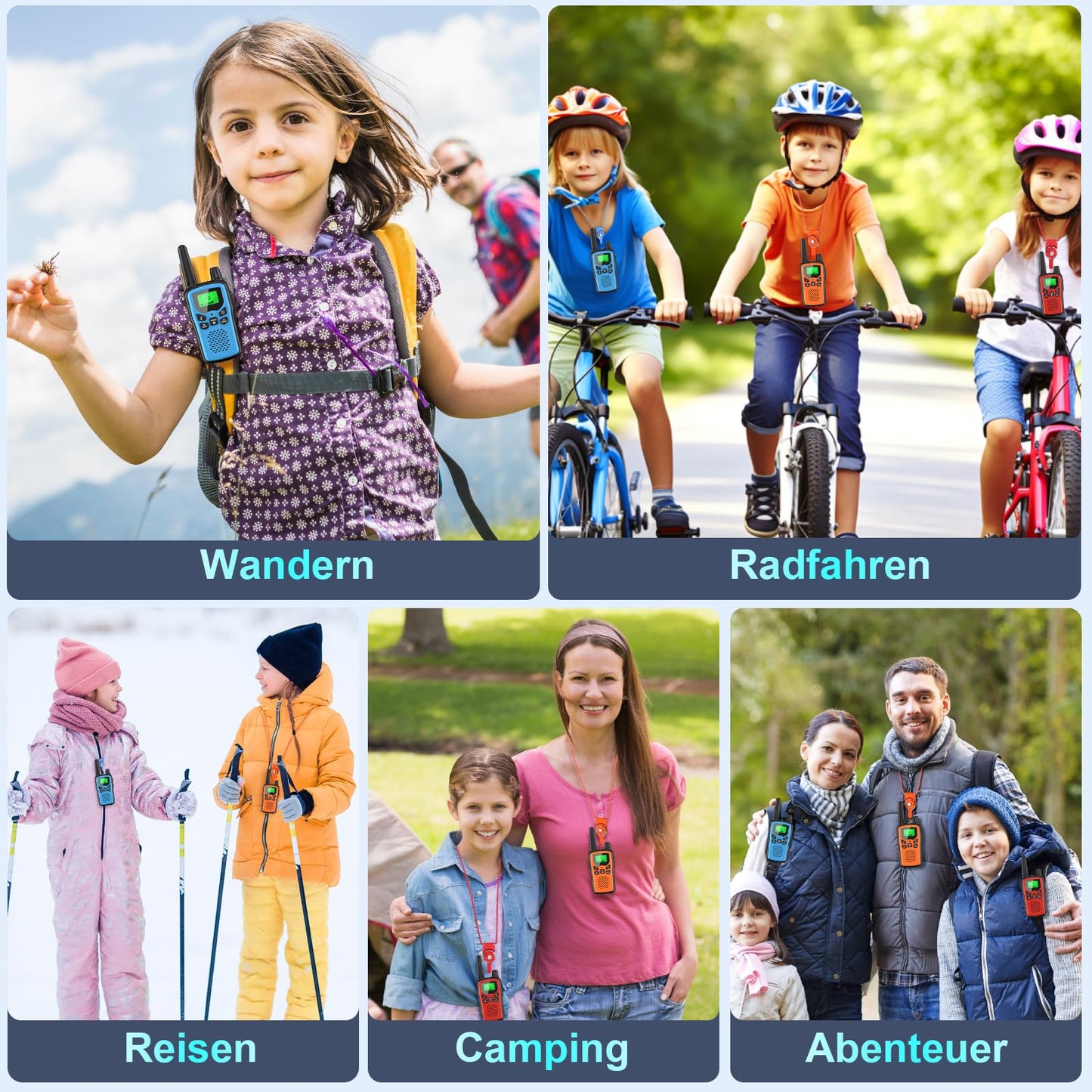 Walkie Talkie 3 piece set for kids, rechargeable, Rabigala walkie talkies with 5km long range for adults, Li-ion battery, VOX hands-free function, LED flashlight, LCD