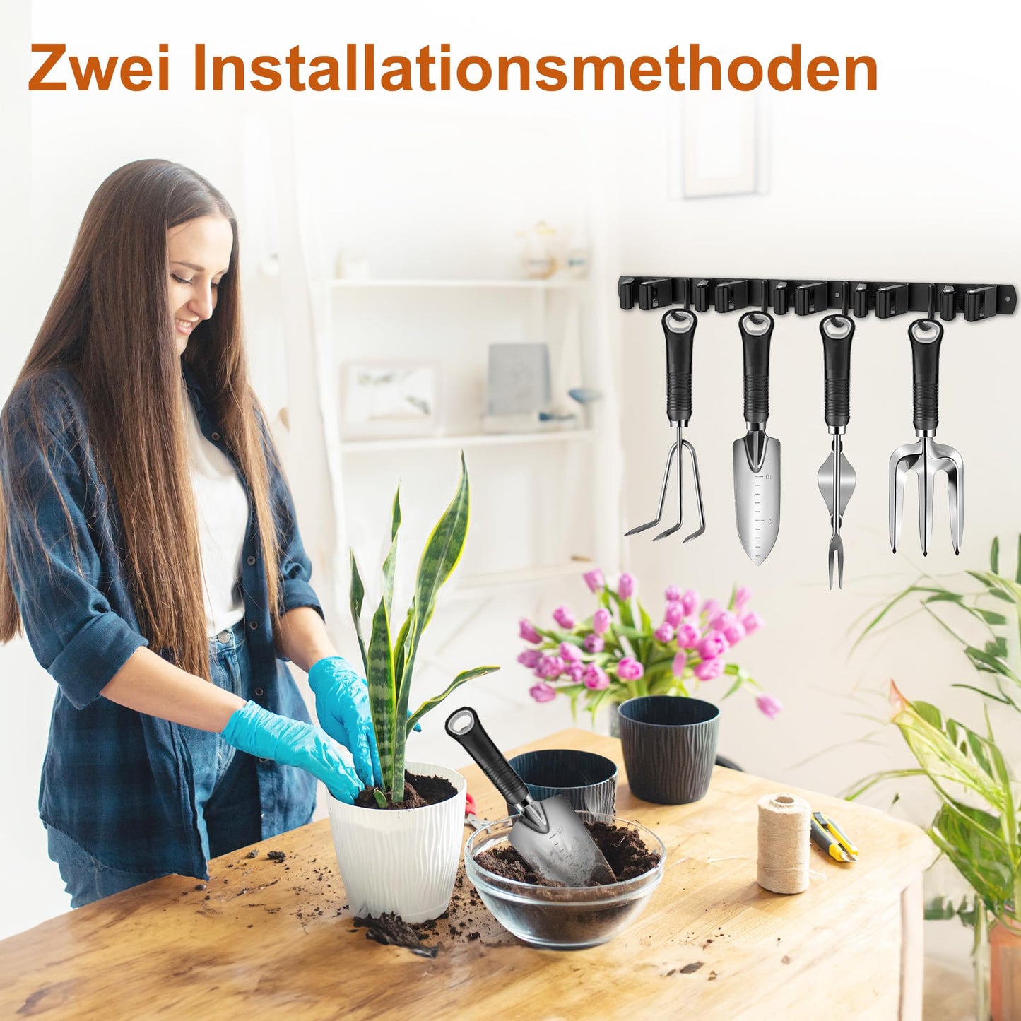 OMerima 2 Piece Broom Holder Wall, 10 Holders + 8 Hooks Stainless Steel Tool Holder, Self-Adhesive Garden Tool Holder and Broom Holder, Black Wall Mount Hanger for Brooms