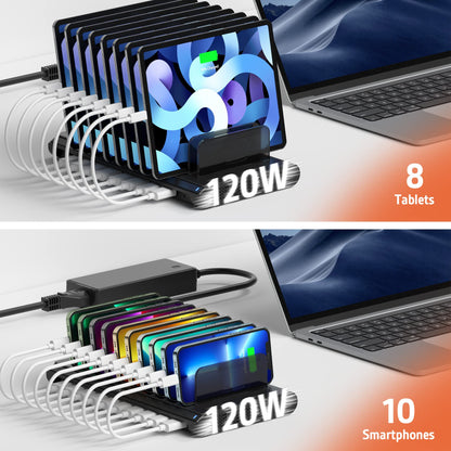 Alxum 120W USB Multi Mobile Charging Station with QC 3.0 Fast Charge & Type C Phone Charging Dock with 10 Ports and removable dividers (Black)