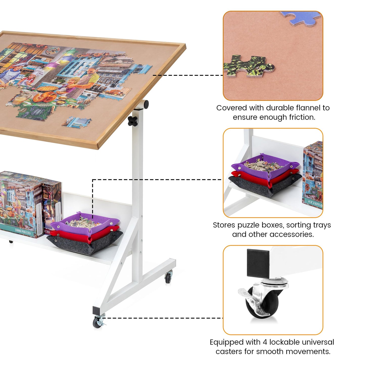 Tektalk puzzle table with angle and height adjustment, puzzle board with cover, tiltable puzzle easel with table legs, enclosed with 4 rolling wheels, for up to 1500 pieces of puzzles.