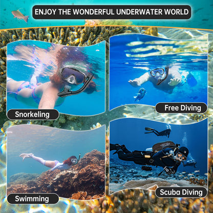 Arlierss diving mask, snorkel set with snorkel and diving mask, 180° panoramic HD tempered glass anti-fog anti-leak premium dry snorkel for adults.