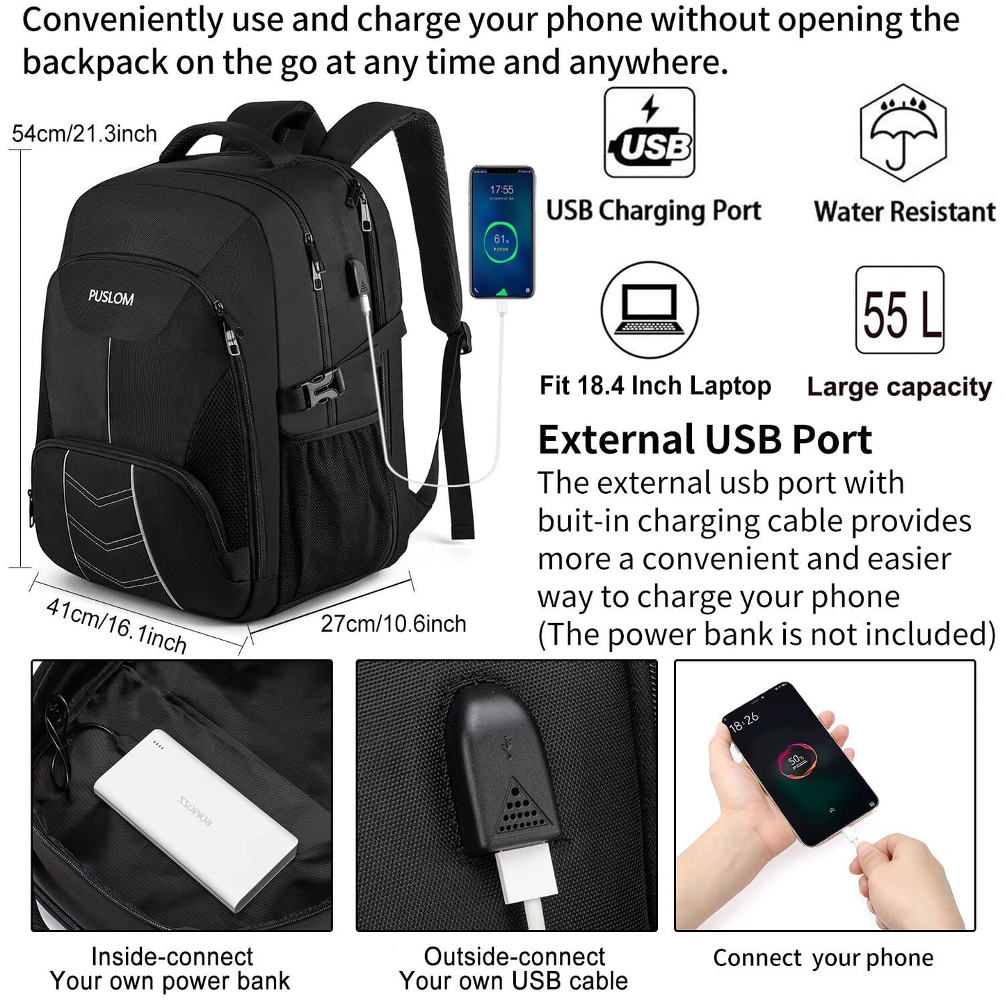 Extra Large Backpack Men 55L Waterproof 18.4 Inch Laptop Bag Work Laptop with USB Charging Port Anti Theft Business Travel School Backpack for Men Women Boys Teenagers Black