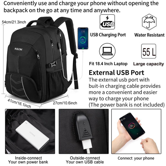 Extra Large Backpack Men 55L Waterproof 18.4 Inch Laptop Bag Work Laptop with USB Charging Port Anti Theft Business Travel School Backpack for Men Women Boys Teenagers Black