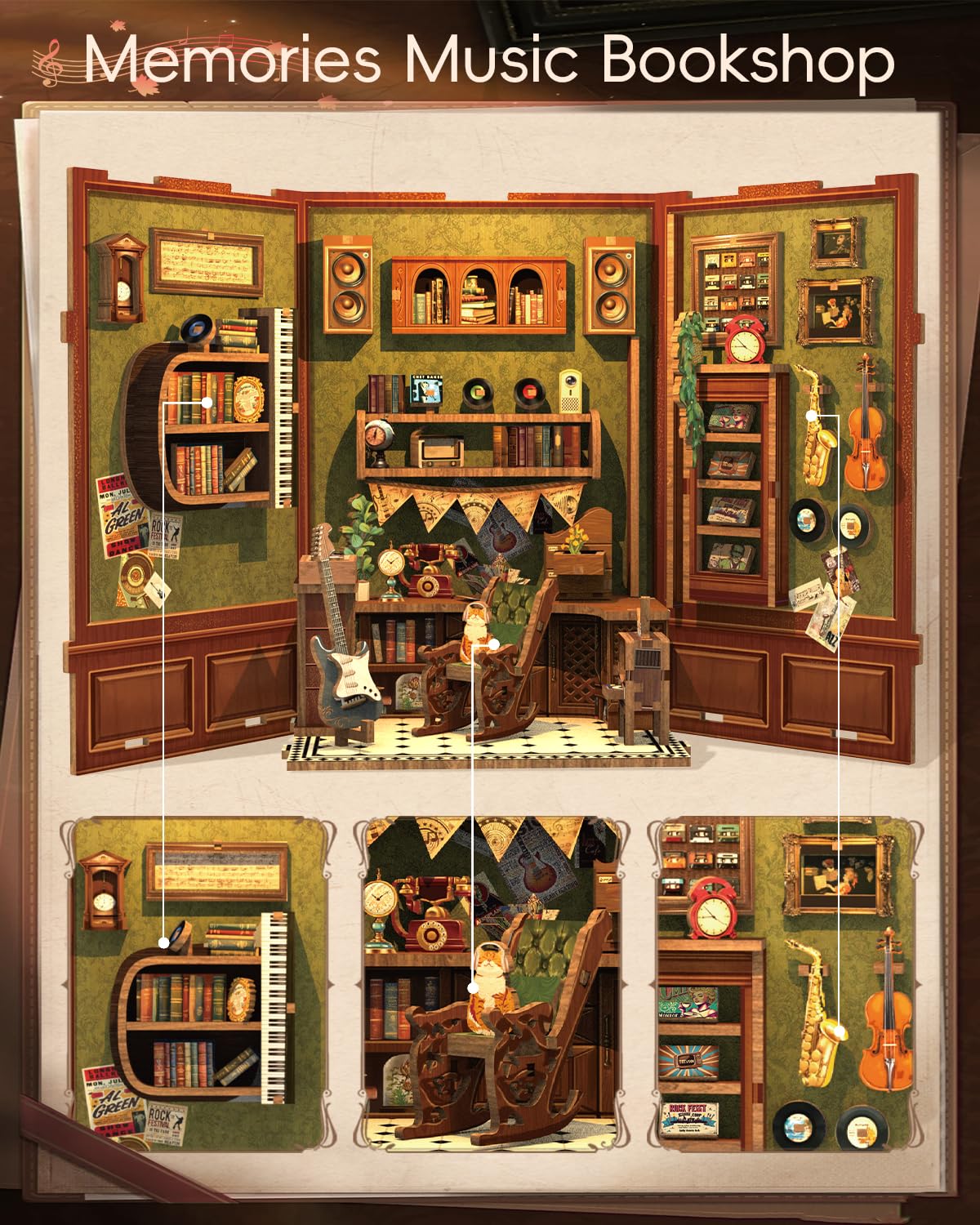 CUTEBEE Book Nook Kit - DIY dollhouse miniature house build yourself bookend library bookshelf decoration 3D wooden puzzle bookends book lover gifts for adults (Memories Music Bookshop)