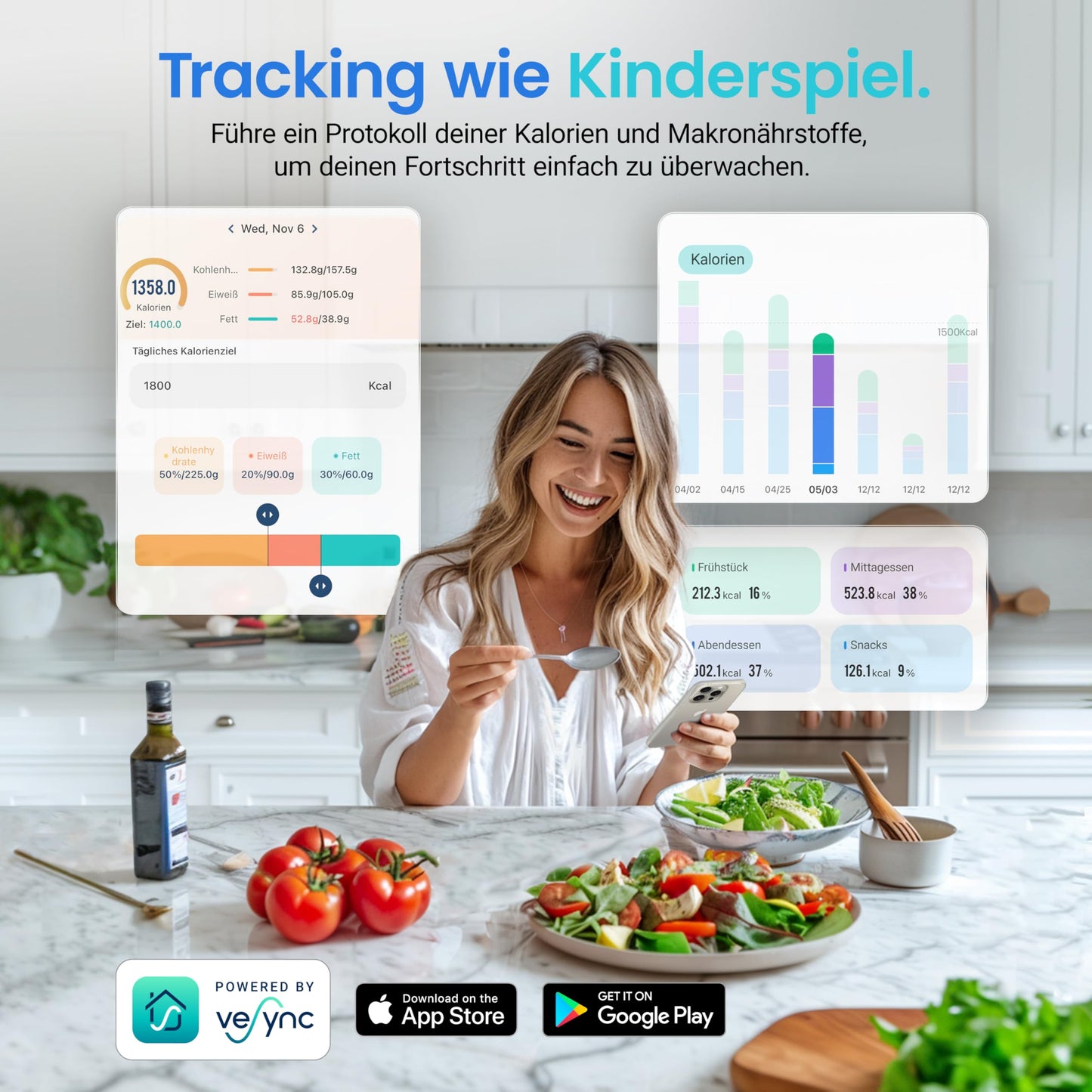 Cosori digital kitchen scale with nutritional calculation, nutrition scale app tracks 19 nutrients, calorie data analysis, 5kg stainless steel food scale, suitable for weight loss, database only for Germany.