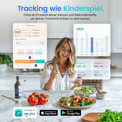 Cosori digital kitchen scale with nutritional calculation, nutrition scale app tracks 19 nutrients, calorie data analysis, 5kg stainless steel food scale, suitable for weight loss, database only for Germany.