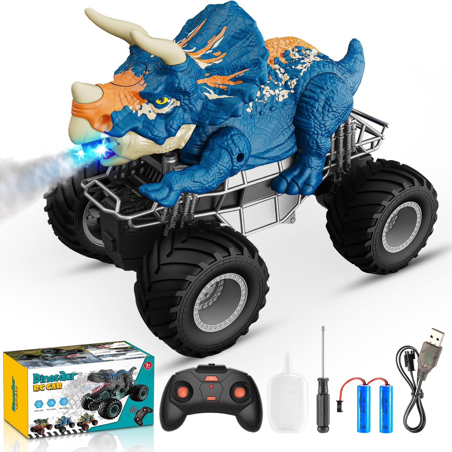HappyGoLucky dinosaur toy for boys aged 3-10, monster truck RC car for ages 3-8 with mist spray, music, LED lights, outdoor Easter gift for kids.