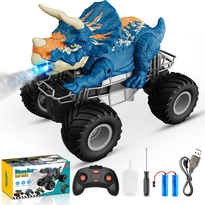 HappyGoLucky dinosaur toy for boys aged 3-10, monster truck RC car for ages 3-8 with mist spray, music, LED lights, outdoor Easter gift for kids.