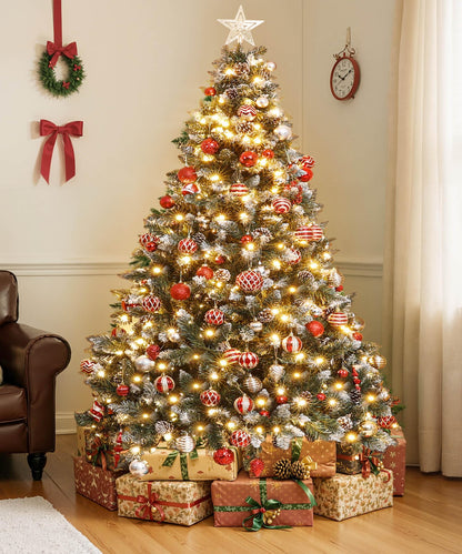 Yorbay artificial Christmas tree with lighting and white snow, LED pine tree for Christmas decoration with real pine cones, fire-resistant (180CM)