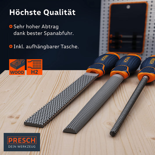 3-piece Wood Rasp Set incl. carrying case - High-quality wood file set incl. flat, half-round, and round rasps - Professional grade 2 file set with 200mm length for wood.