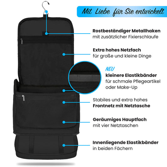 DELAWAY XXL toiletry bag for hanging [Design 2025] Large toiletry bag for women, men with suitcase attachment and separate wet compartment - toiletry bag for men & women (Black New)