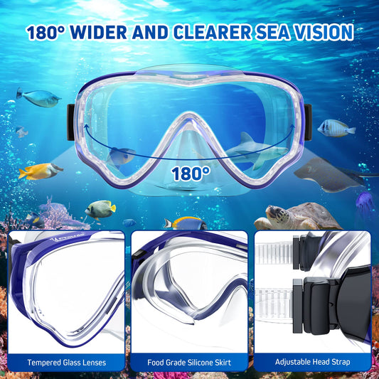 UPhitnis snorkel set for kids with fins, anti-fog 180° panoramic dive mask, adjustable flippers, and premium dry snorkel - 3 in 1 set with carrying bag
