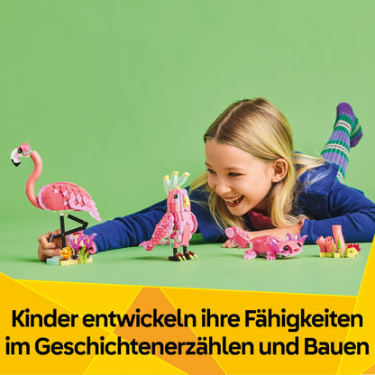 LEGO Creator 3in1 Wild Animals: Pink Flamingo - rebuild into a Cockatoo minifigure or an Axolotl - Creative toy - Birthday gift for girls and boys ages 8+ - 31170