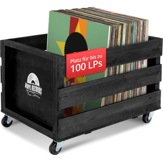 Stagecaptain SPK-100 BK Record Crate "Emil" - Storage box for up to 100 LPs - made of solid wood in retro design - 4 swiveling wheels - can also be used for various items up to 25 kg - Black