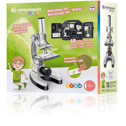 Bresser Junior beginner microscope set Biotar 300x-1200x for kids with battery-powered illumination and extensive accessory package, including carrying case