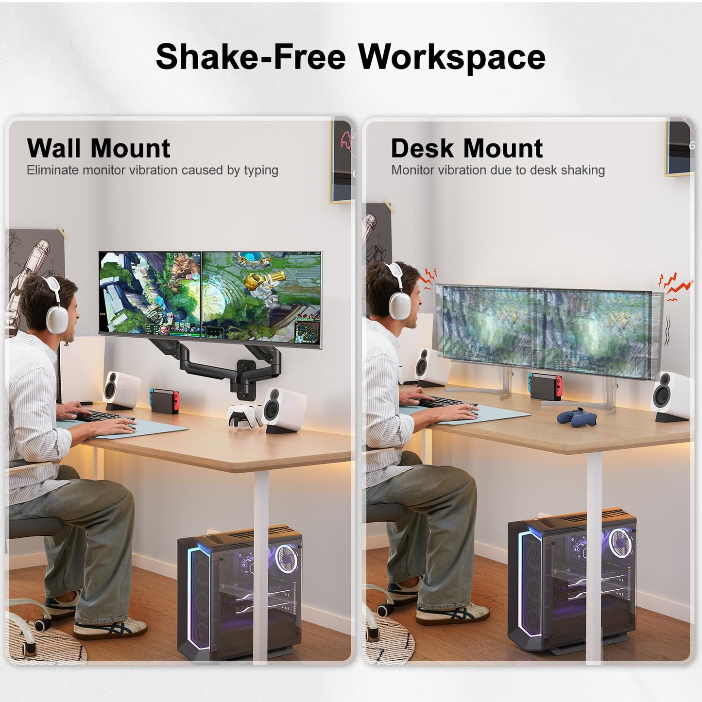 HUANUO Dual Monitor Wall Mount, for 17-32 inch screens, with gas spring arm, supports VESA 75/100mm, 8kg per arm.