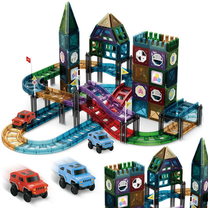 JONRRYIN 131 Piece Magnetic Building Blocks Car Race Track, Magnetic Building Blocks Set 3D Racing Car Track Magnetic Building Blocks Kids with 2 Toy Cars, Educational Toy for Children 3 Years and Up