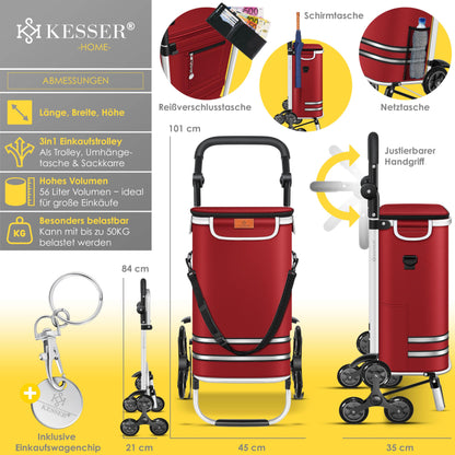 KESSER® Shopping Trolley Stair Climber with Cooler Compartment, foldable with 56L capacity and loadable up to 50kg | 3in1 trolley hand truck & shoulder bag | Foldable shopping cart including shopping chip, Bordeaux