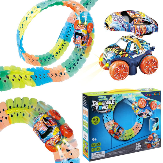CREAMKIDS Racing Track Car Toy Set,Slot Car Racing Tracks,360° Rotation Race Car with Lights,Flexible Wall Crawling Race Track,Christmas Birthday Gift Toy for Kids 4-12 (60 pieces)