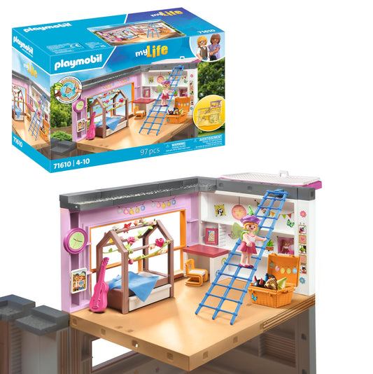 PLAYMOBIL MyLife 71610 Kids' Room, includes a girl figure and a sticker sheet, made from over 80% recycled and bio-based materials, diverse toys for children aged 4 and up.