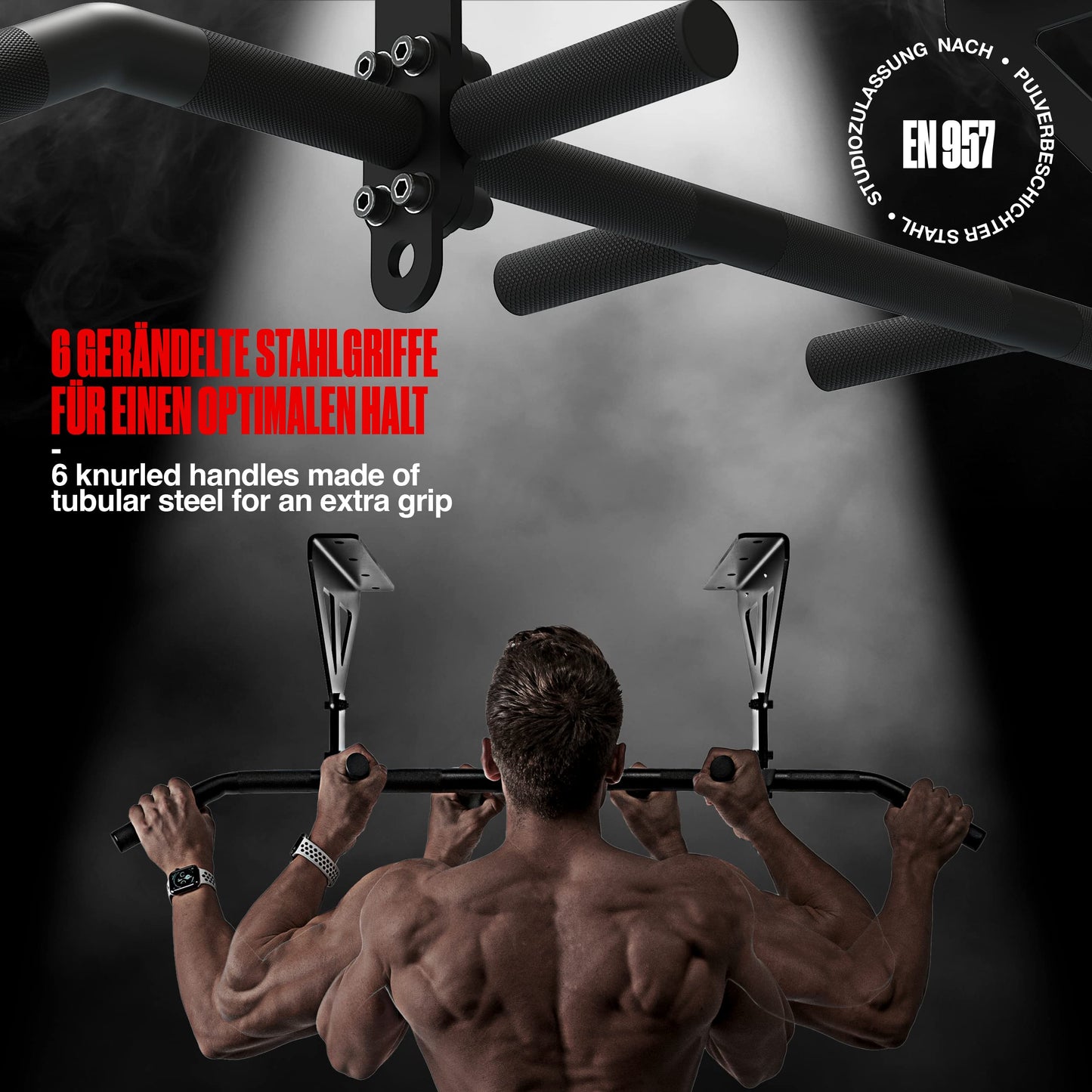 HOLD STRONG Fitness Pull-Up Bar for Ceiling Mount, HS-K-D6, Black, Studio Approved, 6 Non-Slip Grips, Pull Up Exercises & more, incl. E-Book & Mounting Material