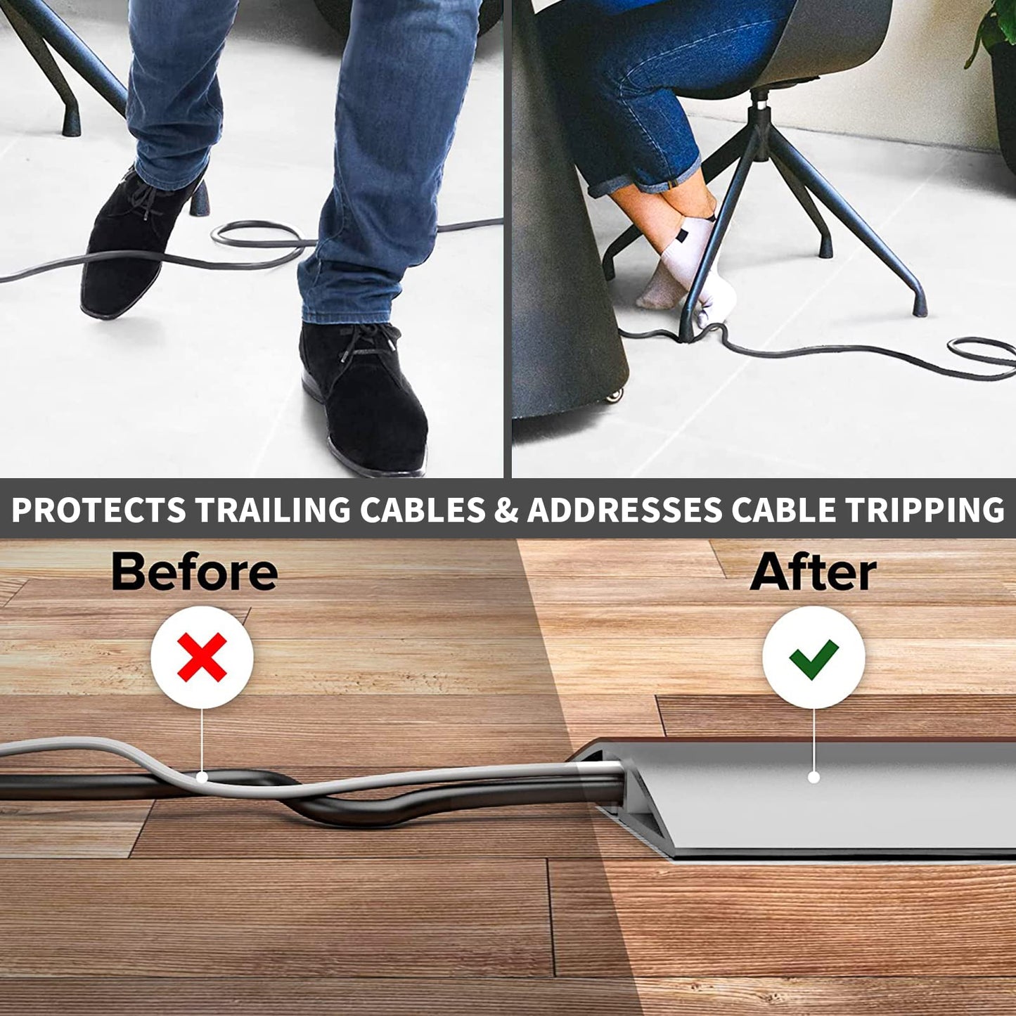 5 meter self-adhesive cable channels, flexible small cable duct, floor cable bridge, cable cover, cable protection, cable duct easy to cut installation for all power cables home, office, school, warehouse (Gray)
