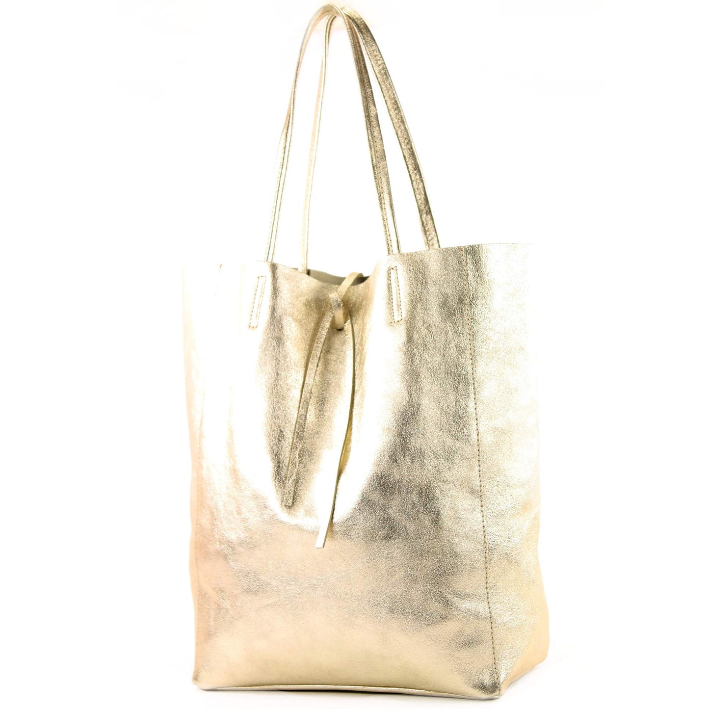 modamoda de T163 women's leather shopper shoulder bag large with inner pocket handmade in Italy, color: gold-metallic.