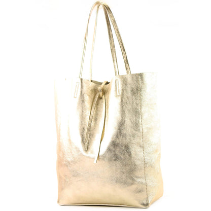 modamoda de T163 women's leather shopper shoulder bag large with inner pocket handmade in Italy, color: gold-metallic.
