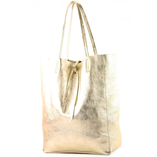 modamoda de T163 women's leather shopper shoulder bag large with inner pocket handmade in Italy, color: gold-metallic.