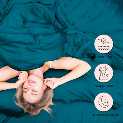 Be well satin pillowcase 65x65 2 pack, as soft as silk pillowcase, vegan silk pillowcase cover for hair and skin with 2 hair ties, blue-green.