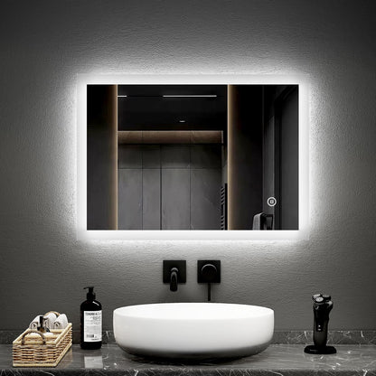 EMKE 50x70cm LED bathroom mirror with lighting, touch switch, and anti-fog feature. 6500K cool white light. Energy-efficient wall mirror for bathrooms.