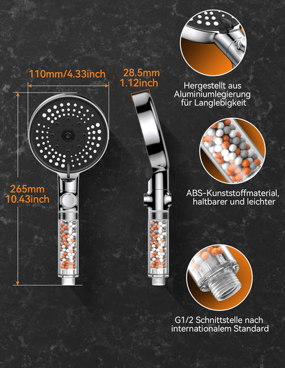 VOXON Shower Head with Hose 1.5M, Water Saving Shower Head with Filter and 6 Spray Modes & Stop Function, Handheld Shower Head with Hose Pressure Boosting with 3-Layer Filtration and Extra Stones