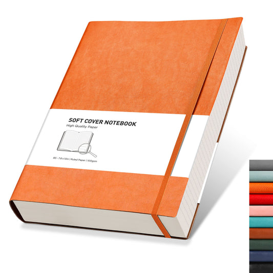 RETTCY Notebook B5 lined - Thick journal with 320 numbered pages, 1 back pocket, and high-quality softcover for women and men in the office or school, 19 x 25 cm - Orange