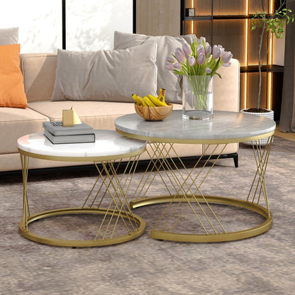 Modern Round Coffee Table Set of 2, Side Table Set, Coffee Table Set Marble Veneer Sofa Side Nest of Tables Round End Tables, Set of Tables for Living Room Bedroom, Gold Frame (White + Gray)