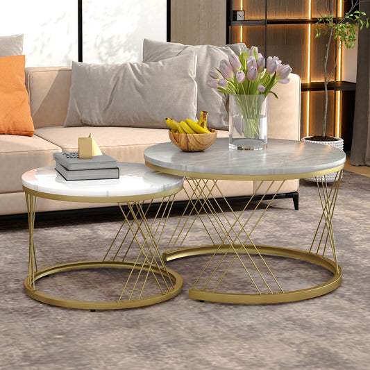 Modern Round Coffee Table Set of 2, Side Table Set, Coffee Table Set Marble Veneer Sofa Side Nest of Tables Round End Tables, Set of Tables for Living Room Bedroom, Gold Frame (White + Gray)