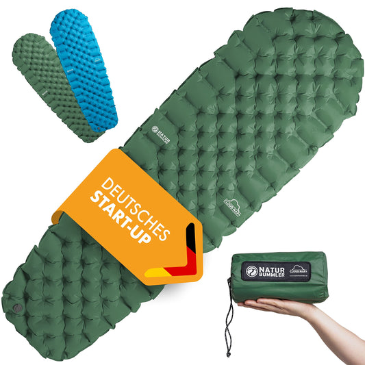NATURBUMMLER® Ultralight Sleeping Pad [Cloud Nap+] Inflatable Air Mattress for Camping (195x56cm) – weatherproof & foldable – for Trekking Hiking Festival Travel (Nature Green)