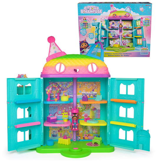 Gabby's Dollhouse, 15-piece Purrfect Party dollhouse play set in rainbow colors, over 60cm with Gabby figure, furniture, and sound effects, for ages 3+.