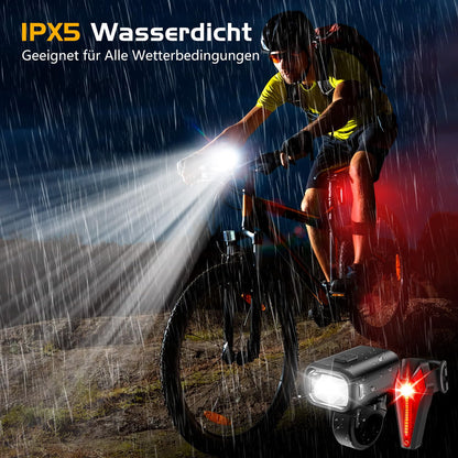 LED bike light set, StVZO approved front and rear bike lights with 1000mAh battery, 50 LUX bike light set USB rechargeable IPX5 waterproof bike lights LED set