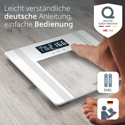 ADE Digital Body Fat Scale Ines up to 200 kg | Top pick 2024 | Personal scale with body fat analysis, BMI, muscle mass, body water, weight, BMR | Scale with user recognition | white.