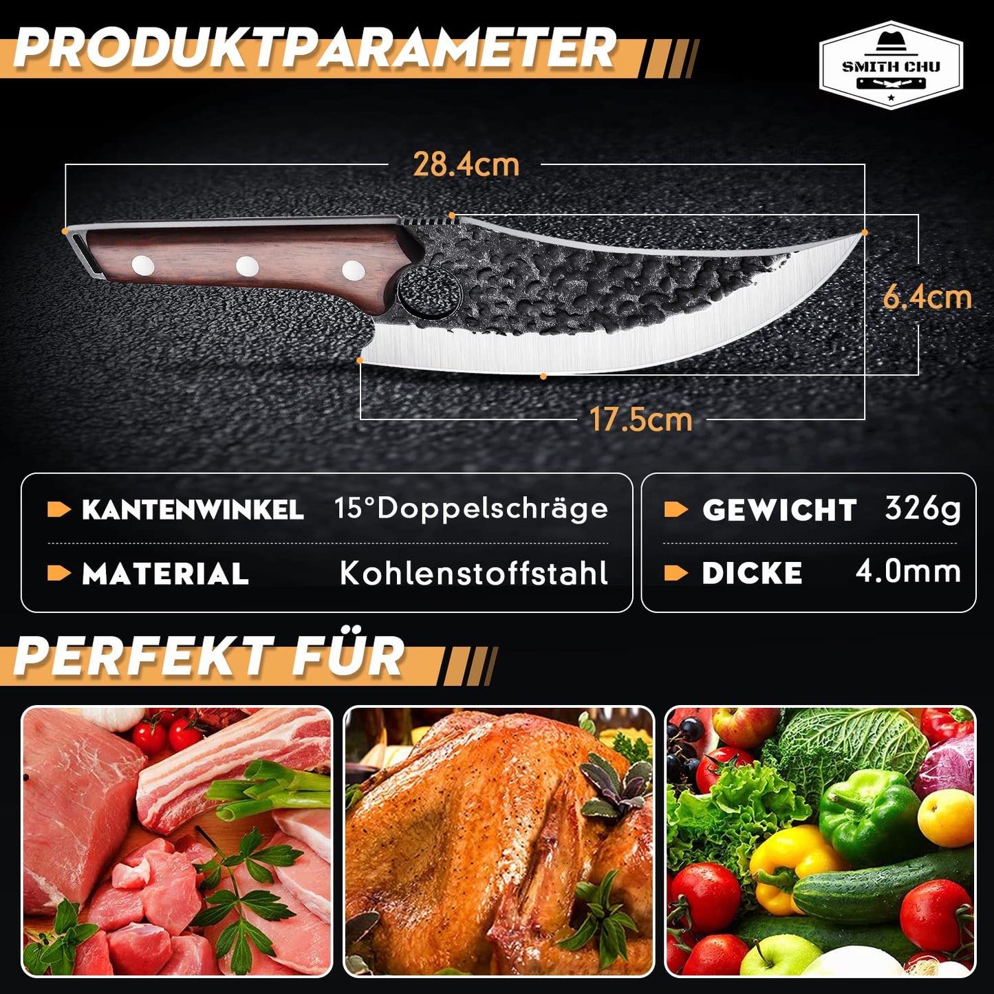 SMITH CHU hand-forged boning knife with leather sheath. Professional kitchen knife, portable camping knife, high carbon steel butcher knife. Full tang multipurpose BBQ tool for home and outdoor use.