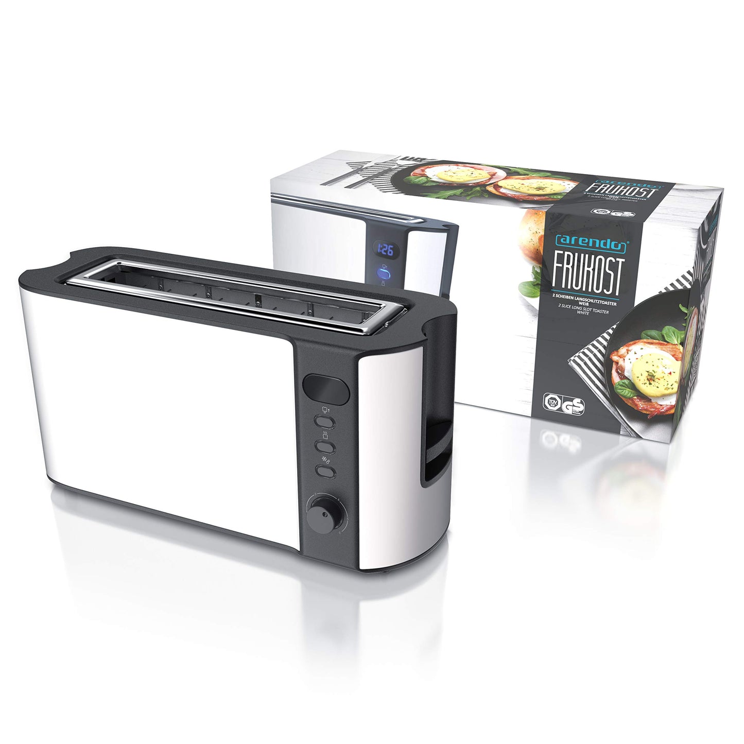 Arendo - Long Slot 2-Slice Toaster - Defrost Function - 1000W - Double-wall housing - Integrated bun warmer - Browning levels 1-6 - Display with remaining time indication - Stainless Steel white