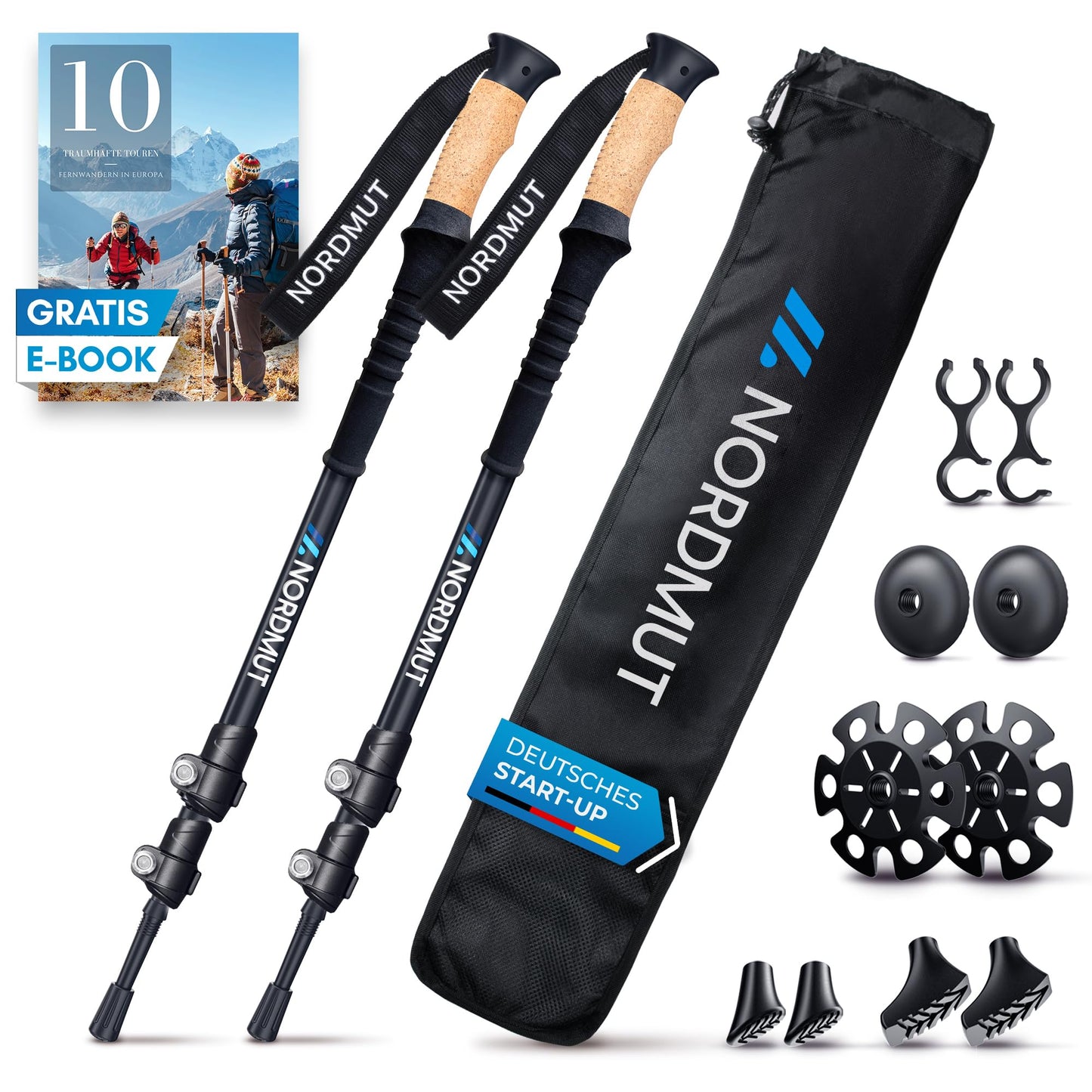 NORDMUT® hiking poles telescope aluminum | Nordic walking sticks for women and men | Ultra-lightweight trekking poles [with rubber buffer set] adjustable with genuine cork grip.