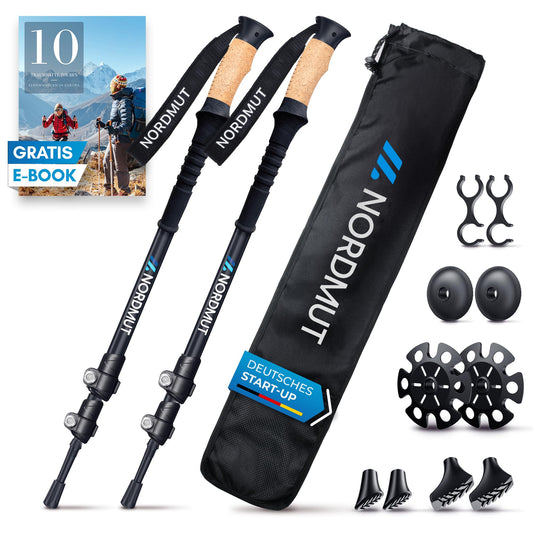 NORDMUT® hiking poles telescope aluminum | Nordic walking sticks for women and men | Ultra-lightweight trekking poles [with rubber buffer set] adjustable with genuine cork grip.