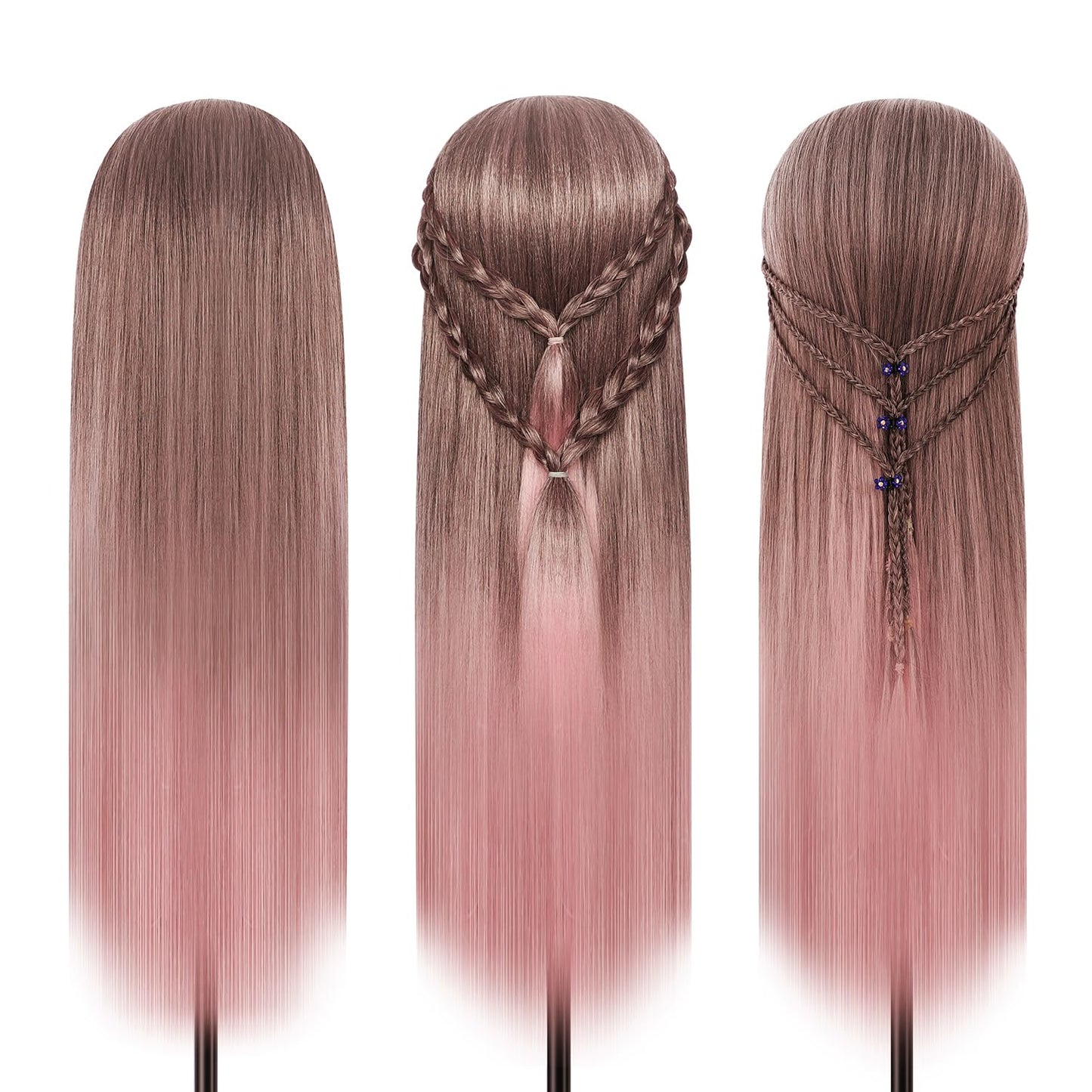 Training mannequin heads, 28 inch practice head styling head for hairdressers made of 100% synthetic fiber hair. Comes with free clamp and DIY braiding set. Gradient pink color.