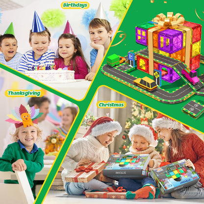 64-piece Magnetic Building Blocks Road Set with magnetic tiles STEM toy for 3 year old boys and girls. Customized birthday gifts for children aged 3-8 years.