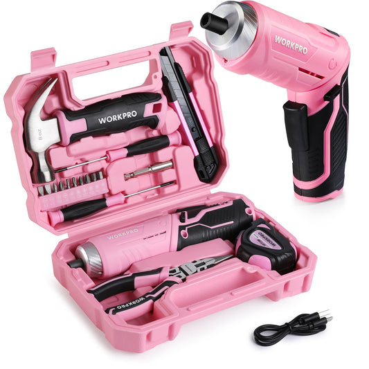 WORKPRO 18-piece pink tool set with USB C cordless screwdriver, small pink toolbox filled with household essentials, tool kit for DIY enthusiasts, children, crafting.