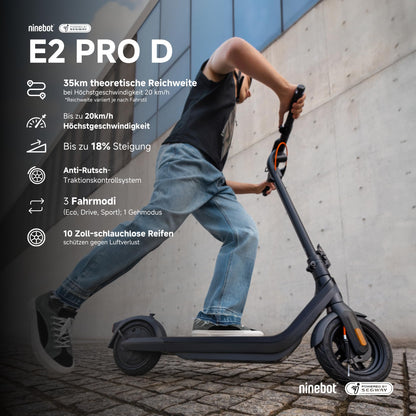 Segway-Ninebot E2 Pro D, street-legal e-scooter for adults, max. 20 km/h speed, 35 km range, anti-slip traction control system.
