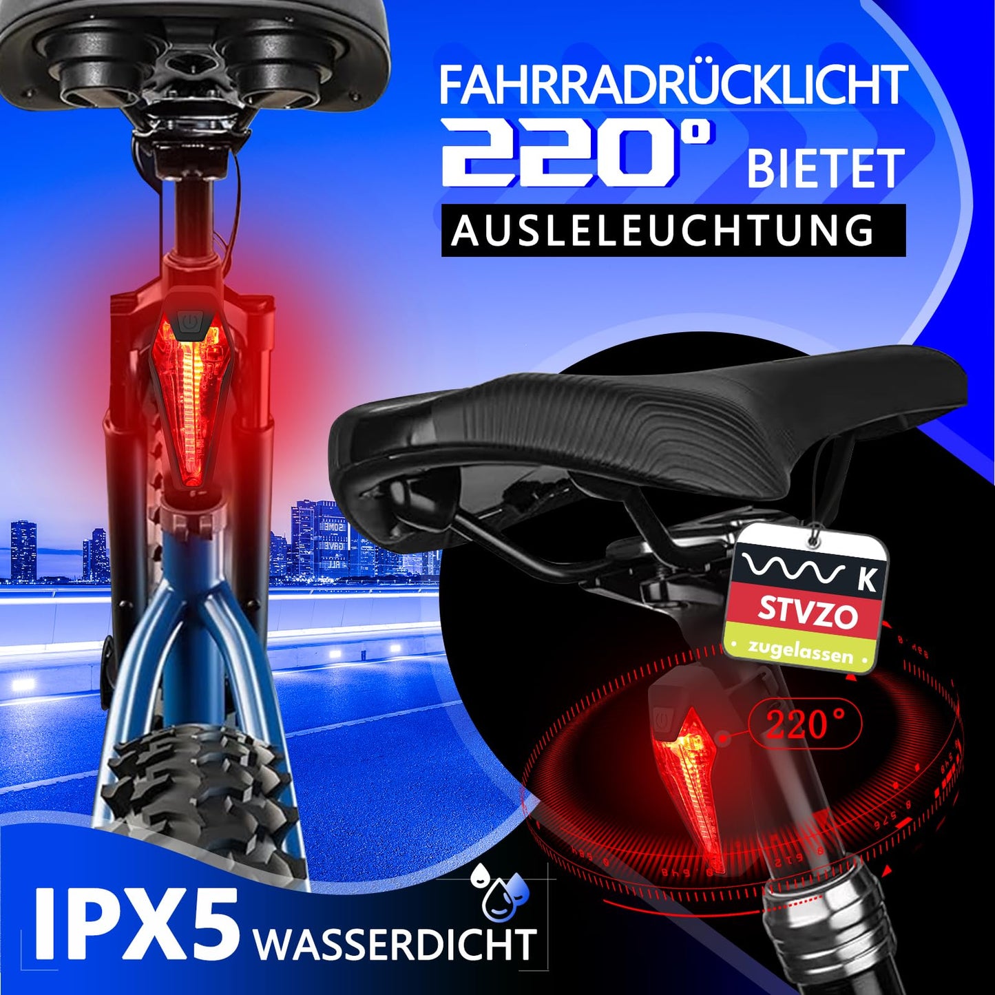 FORTRY bike light set, StVZO certified bicycle lighting, USB Type C rechargeable bike lights LED set, IPX5 waterproof front and rear bike lights (100 LUX with LightSense).
